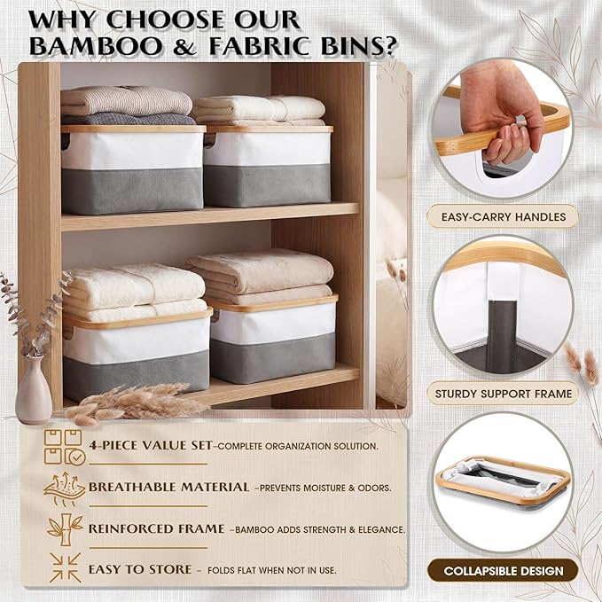 Hushee 4 Pack Bamboo Fabric Storage Bins for Shelves, 15"x10"x7.9" Collapsible Storage Baskets for Organizing, Two-Tone Foldable Bins for Clothes, Towels, Linens(White with Grey)