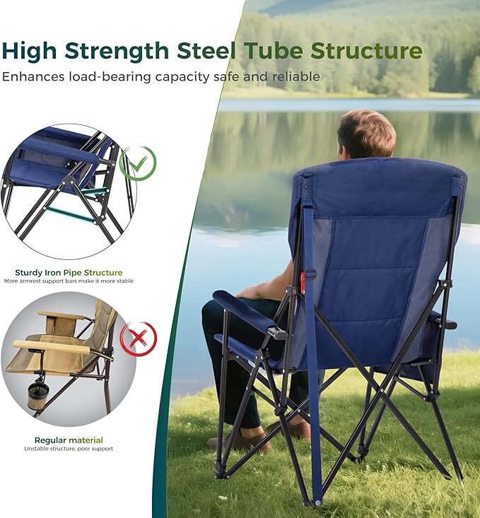 ALPHA CAMP Oversized Folding Camping Chairs High Backrest Heavy Duty Lawn Chairs for Adults Support 500 LBS Portable Camp Chairs with Cup Holders Large Side Pocket Outdoor Chair 2 Pack