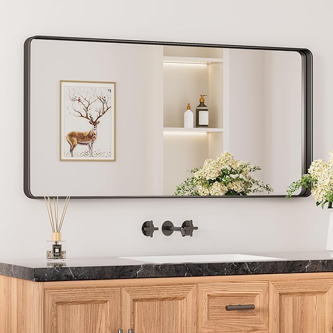 Keonjinn Black Bathroom Mirror for Over Sink, 42 x 20 Inch Rounded Rectangle Bathroom Vanity Mirror, Matte Black Sandblasted Finish, HD Tempered Glass, Wall Mirrors with Seamless Aluminum Alloy Frame