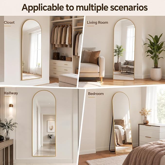 Antok Full Length Mirror, 59"x18.1" Floor Mirror with Stand, Hanging Mounted Mirrors for Bedroom, Living Room, Cloakroom, Dining Room, Gold, Arched