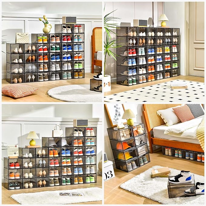 Stebopum 12 Pack Shoe Boxes Shoes Organizer, Shoe Storage Organizer Boxes with Magnetic Door, Clear Shoe Organizers Sneaker Storage Shoe Box for Women/Men, Fit up to US Size 12