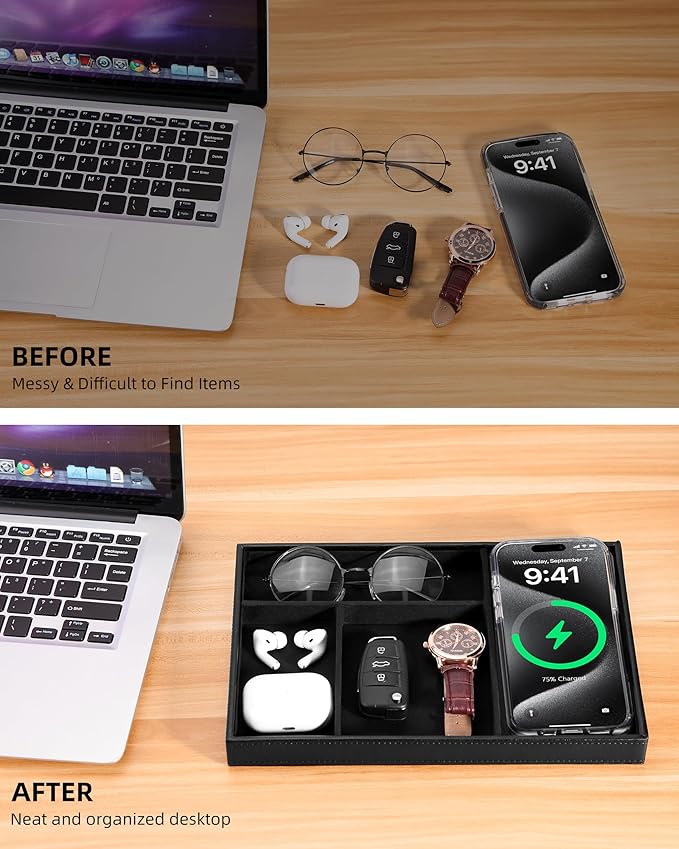 Valet Tray with Wireless Charger, Nightstand Organizer for Men, EDC Catchall Tray for Keys, Watch, Wallet, Jewellery, Premium Vegan Leather, Bedside Caddy, Stylish and Organized, PU Black