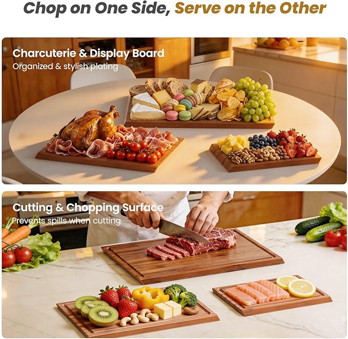 Bamboo Cutting Board Set with Stand, 3PCS Double-Sided Chopping Boards for Kitchen Meal Prep & Serving, Charcuterie, Juice Grooves & Side Handle, Ideal for Meat, Vegetables, Kitchen Essentials, Brown