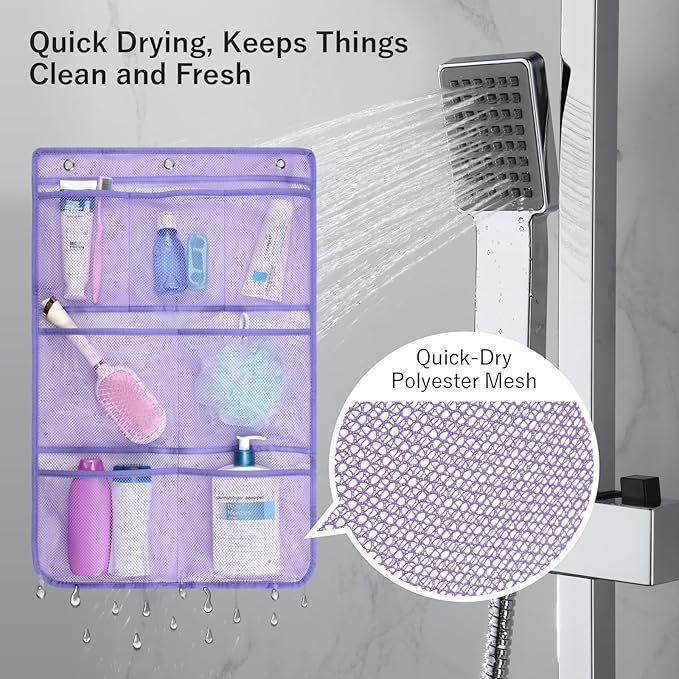 F-color Cruise Essentials 2026 - Mesh Shower Organizer Hanging with 7 Pockets for RV Gym Camping, Quick-Dry Portable Toiletry Bag with Metal Hooks for Bathroom Travel Toiletries, Purple+Purple