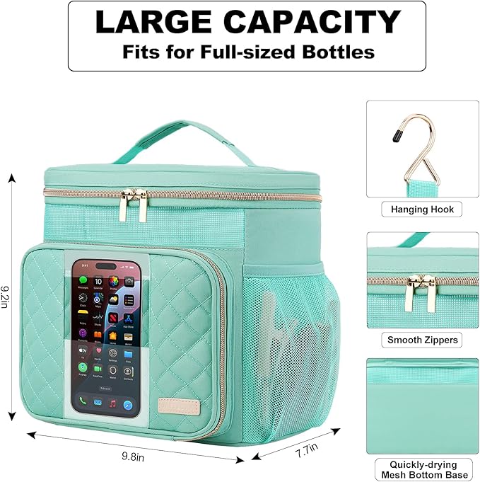 Portable Shower Caddy College Dorm Essentials(Full Size Bottle Compatible), Toiletry Bag for Women Men, Hanging Makeup Organizer Bag for Travel,Gym & Camping, Mint Green