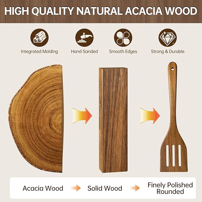 Wooden Utensil Set 8 PCS - Natural Non-Toxic Acacia Wooden Spoons for Cooking, Nonstick, Sturdy,Easy to Clean, Wood Kitchen Utensils Set with Holder, Spoon Rest, Ideal for Gifting