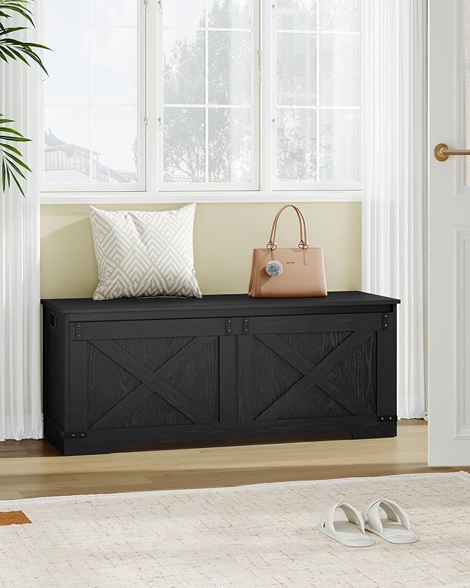 Hzuaneri 47.2" Storage Chest, Large Storage Trunk with 2 Hinges, Farmhouse Wooden Box Bench, Lift-Top Organizer Chest, Entryway Trunk for Bedroom, Living Room, Black SB12104X