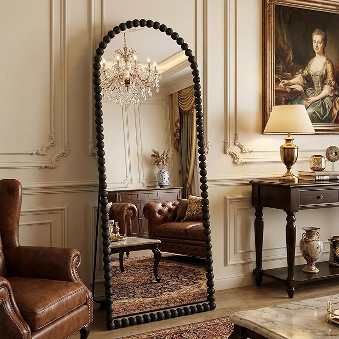 Antok 58" x 21" Arched Full Length Mirror, Antique Beaded Frame Floor Standing or Wall Mounted Mirror with Stand for Bedroom, Entryway, Black, Luxury Style