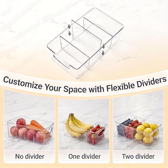 Clear Plastic Storage Bins with Removable Dividers – Pantry Snack Organizer, Kitchen Pantry Organizers and Storage, Snack Drawer Organizer, Fridge Organizer (4 Pack)