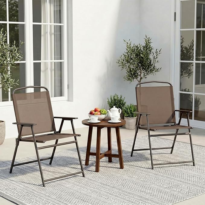 TLSUNNY Patio Folding Chairs Set of 4, Portable Dining Lawn Chairs, Outdoor Folded Furniture W/Breathable Textilene & Steel Frame, Armrests & Crossbar, All Weather for Pool, Camping (4, Brown)
