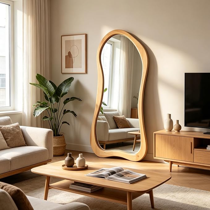 Large Irregular Mirror, 63"x30" Asymmetrical Aesthetic Mirrors with Solid Wood Frame, Organic Shape Floor Mirror for Living Room Entryway Hallway Bedroom Cloakroom, Leaning/Hanging