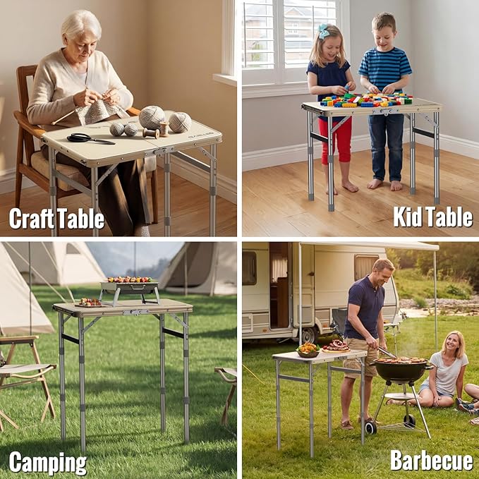 GARLLEN Waterproof Camping Table with High-Density Plastic Tabletop, Portable Folding Picnic Table with 3 Adjustable Height, Aluminum Frame Outdoor Table for BBQ, Camping, Indoor Use, 22.8"L x 15.7"W