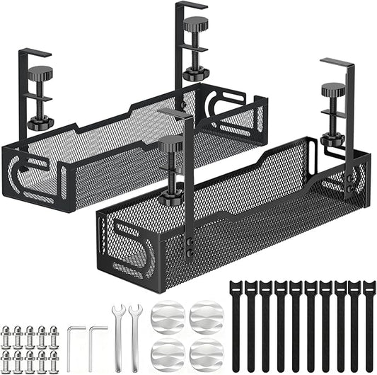 2Pack Under Desk Cable Management Tray, No Drill Mesh Desk Cable Tray, Wire Management Tray Cable Management Rack, Wire Organizer and Cable Management Box (Black)