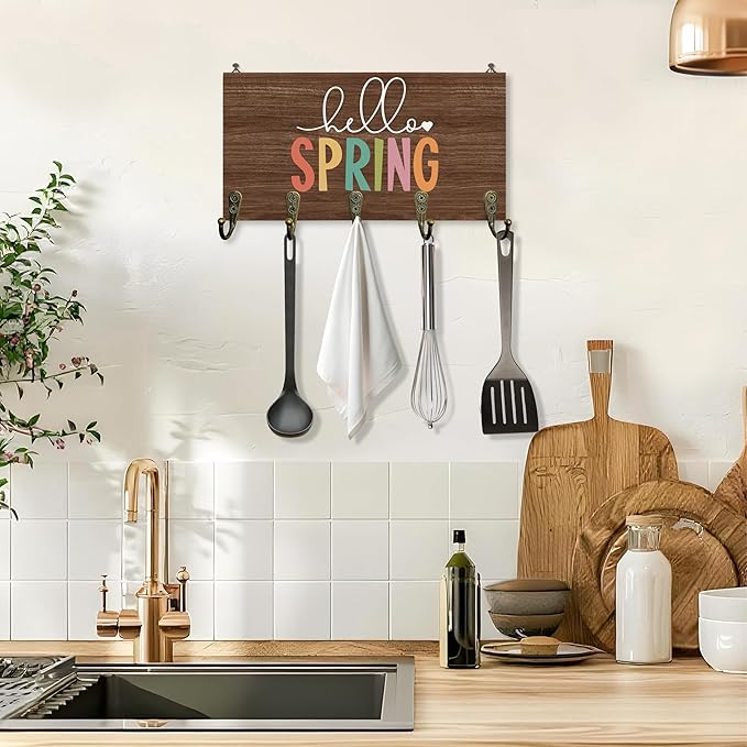 Rustic Spring Key Holder for Wall 10"x5.12", SeasonalSpring Key Hanger Wall Mount, Colorful Hello Spring Farmhouse Dark Brown Wooden Hanging Keys Holder Decor for Entryway Front Door（5 Hooks）