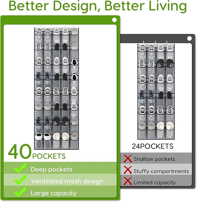 Over the Door Shoe Organizer with 40 Large Breathable Mesh Pockets, Space Saving Shoe Holder, Hanging Shoe Rack for Entryway Bedroom Closet Storage (Grey, 40 Pockets)