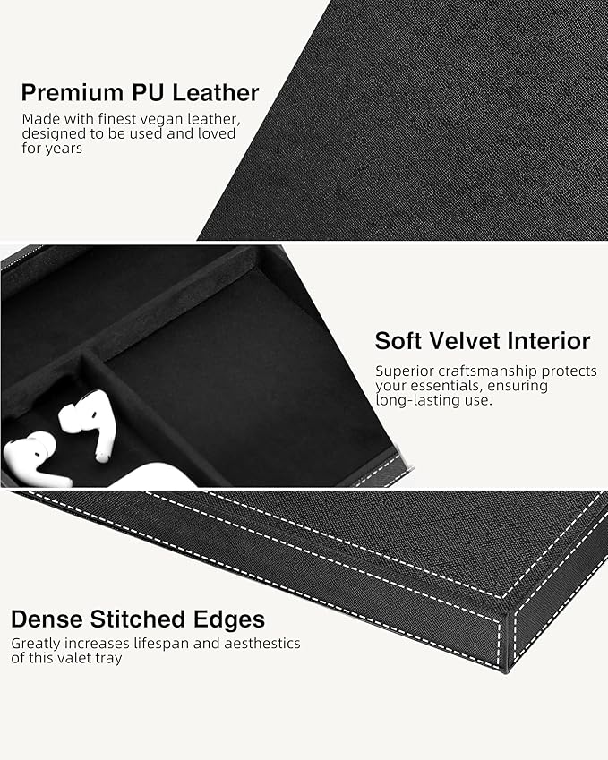 Valet Tray with Wireless Charger, Nightstand Organizer for Men, EDC Catchall Tray for Keys, Watch, Wallet, Jewellery, Premium Vegan Leather, Bedside Caddy, Stylish and Organized, Black