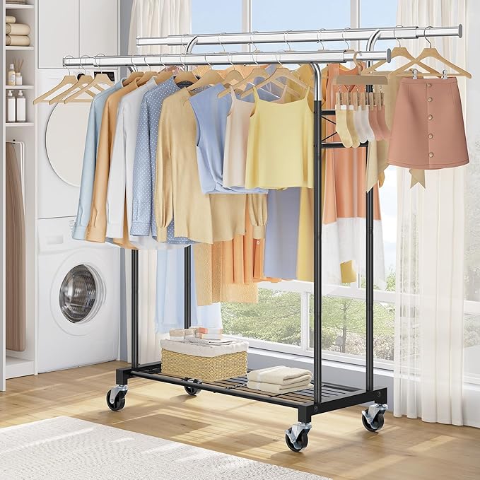 FAVOOSTY Clothes Rack for Hanging Clothes Double Rods, Rolling & Extending Clothing Rack with Wheels, Garment Coat Rack Freestanding, Portable Clothes Rack, Black