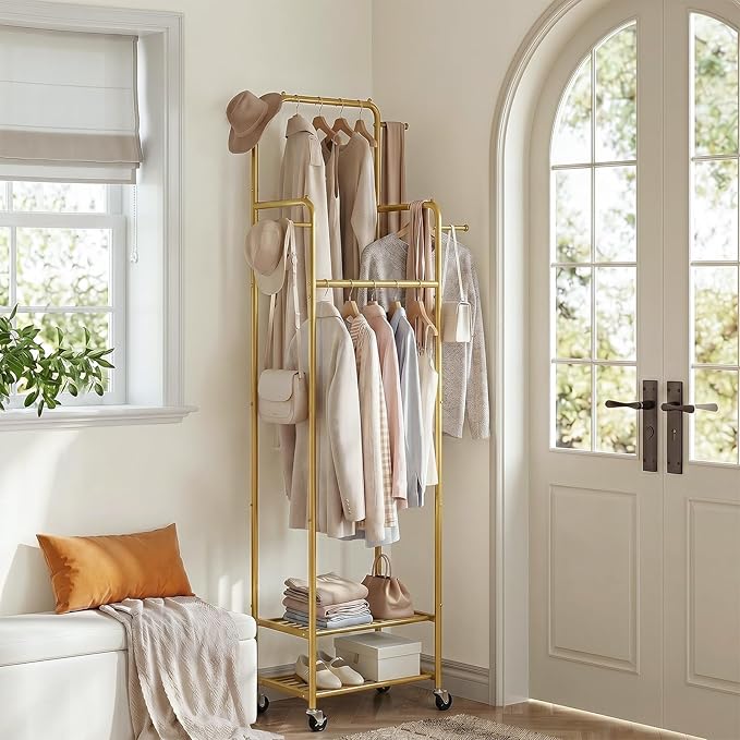 Clothing Rack with Wheels, 71" Portable Rolling Clothes Rack with 2 Shelves and 4 Hanging Rods, Small Garment Rack with 4 Hooks, Sturdy Metal Coat Rack for Bedroom, Laundry Room, Gold