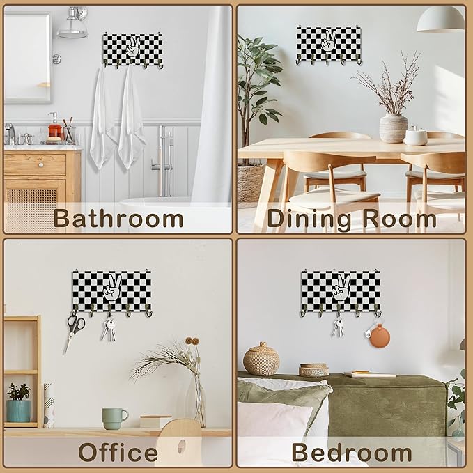 Black and White Checked Key Holder for Wall 10"x5.12", Boys Room Decor Key Hanger Wall Mount, Preppy Peace Sign Wooden Hanging Keys Holder Decor for Entryway Front Door Kids Room（5 Hooks）