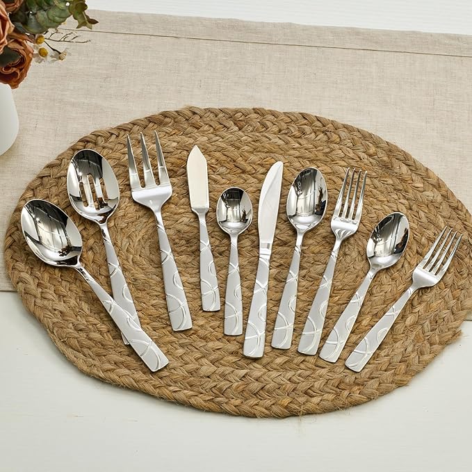 HIKAA Silverware Set, 65-piece Silverware Set with Serving Utensils Set, for Kitchen, Home, Wedding, Party, Mirror Polished and Dishwasher Safe