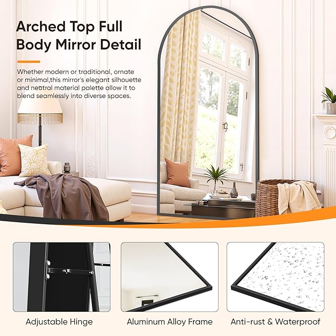 Suidia Full Length Mirror, 58"x19" Floor Standing Mirror Freestanding, Full Body Mirrors with Stand for Bedroom, Hanging Mounted for Living Room Cloakroom, Black, Arched Style