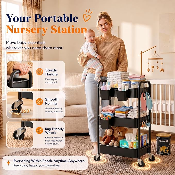 3 Tier Rolling Cart Metal with Wheels, Black Three Tiered Art Cart Organizer on Wheels, Storage Utility Trolley Carts for Kithcen, Craft, Nail, Lash, Makeup, Salon,Bedside, Bathroom, Office, Snack
