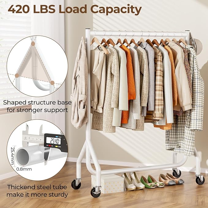 HYSEYY Clothes Clothing Rack, Rolling Heavy Duty Clothes Rack Load 420 LBS With Wheels, Metal Clothes Rack for Hanging Clothes, Portable Standing Clothes Garment Rack, White,48 inches