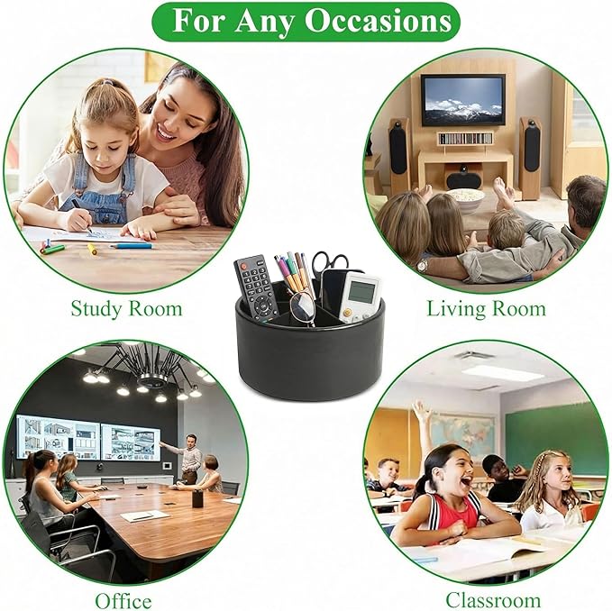 Remote Control Holder, 360°Spinning PU Leather Desk TV Remote Caddy,Desk Storage Box Room Accessories for Controller, Media,Mail,Calculator, Mobile Phone,Pencil(1-Oil Black)