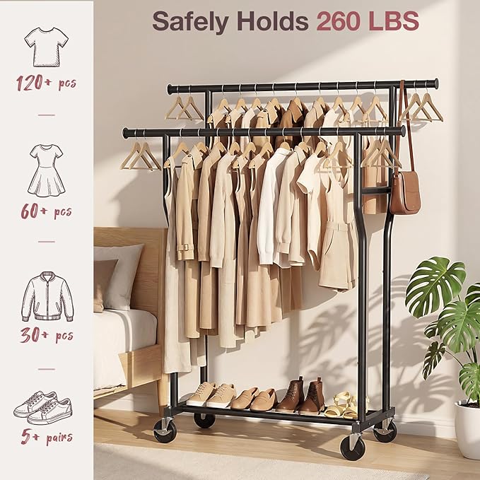 Clothes Rack, Double Rods Rolling Clothing Rack for Hanging Clothes Load 260 LBS Closet Rack with Wheels, Metal Portable Garment Rack for Bedroom Laundry Living Room, Black