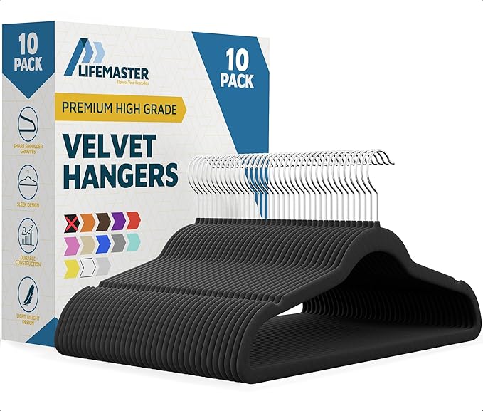 Lifemaster Velvet Clothes Hangers – With 360 Degree Swivel Hook and Non-Slip Shoulder Notch, Holds Up To 10 lbs, Heavy Duty Hanger Set, For Organizing Suit, Dress, Coat, and Clothes, Pack of 10, Black
