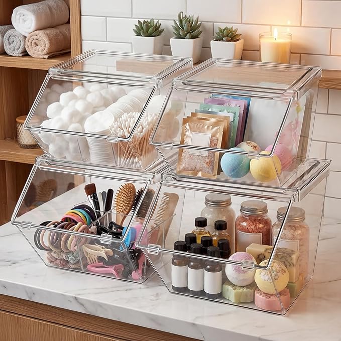 Yerliker 4 Pcs Clear Plastic Storage Bins with Lids Stackable Pantry Storage Organizer Kitchen Cabinet Organizers Ideal Containers for Coffee Pod Tea Sugar Bag Cabinet Home (Large)