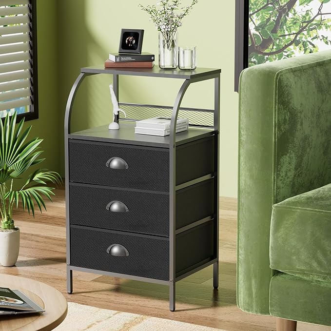 Nightstand with 3 Drawers, Bedside Table with 2-Tier Storage Shelf, Fabric Small Dresser Organizer, End Table Side Table, Living Room, Closet, Sturdy Steel Frame, Wood Top, Black