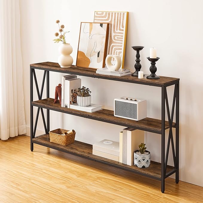 MAHANCRIS 55" Sofa Table, Industrial Console Table, 3-Tier Narrow Sofa Table with Storage Shelves, Foyer Table for Entryway, Hallway, Kitchen, Living Room and Bedroom, Rustic Brown CTHR80401