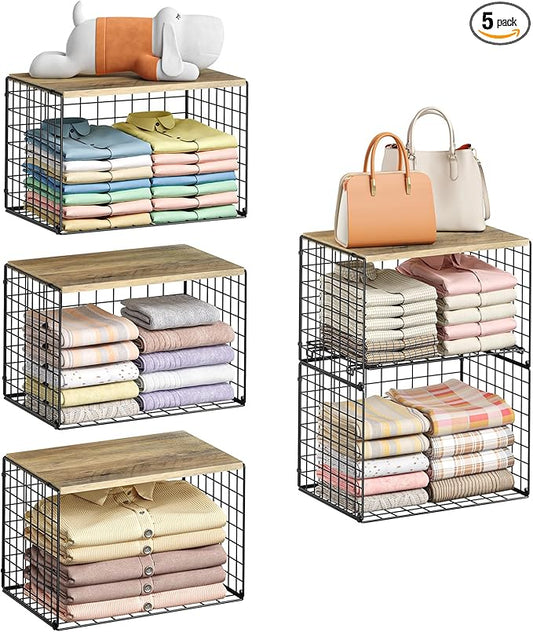 5-Tier Large Stackable Closet Organizer and Storage Basket, Sturdy Closet Shelf Organizer with Wood Top, Stackable Storage Bins Cubes for Clothes with Adjustable Shelf for Wardrobe Organization