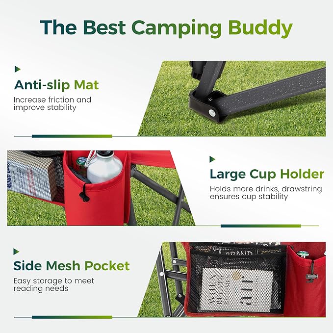 ALPHA CAMP Oversized Folding Camping Chairs for Adults High Backrest Heavy Duty Lawn Chairs Support 500 LBS Portable Camp Chairs with Cup Holders Large Side Pocket Outdoor Chair 2 Pack