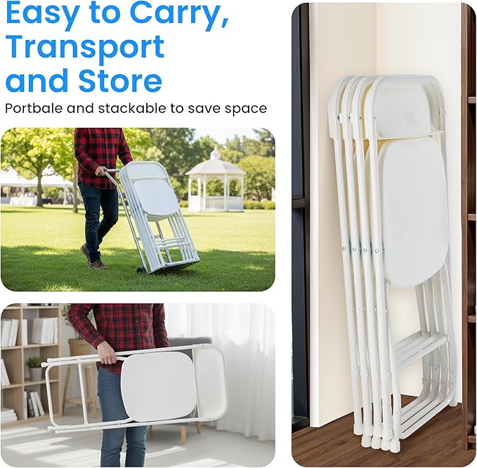 Simple Deluxe 6-Pack Folding Chairs Plastic, Foldable Stackable Portable Chairs with Metal Frame 330lb Capacity, for Indoor Outdoor Use, Commercial Event Chairs for Party, Wedding, Office, White