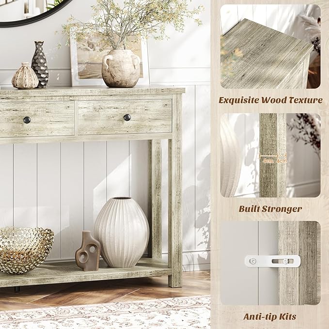 Homieasy Farmhouse Console Table with 2 Drawers, 32 Inch Small Sofa Table with Storage Shelf for Living Room, Behind Couch, Entryway Table for Hallway, Living Room, or Foyer, Light Rustic Oak