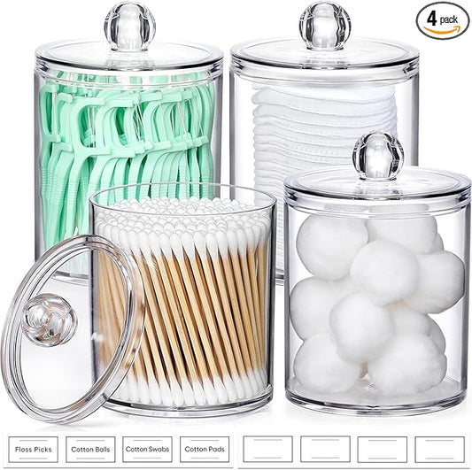 4 Pack Acrylic Qtip Holder Dispenser for Cotton Swabs, Balls, Pads, Floss Picks- Small Clear Acrylic Canister Apothecary Jar Set, Bathroom Essentials Accessories Decor, Vanity Makeup Storage Organizer