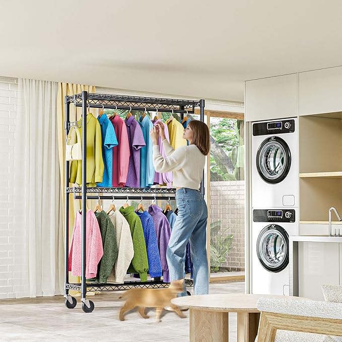 M MZG Heavy Duty Rolling Garment Rack 3 Tiers Adjustable Wire Shelving Clothes Rack with 2 Rods and Side Hooks,Storage Closet Clothing Rack with Wheels Black 15.7" D x 45.3" W x 79.6" H