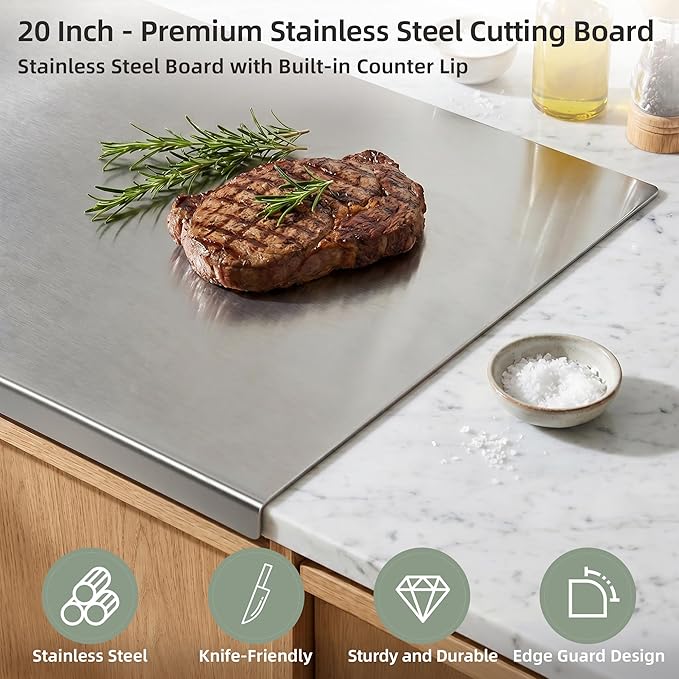 Stainless Steel Cutting Board with Lip, Metal Chopping Board for Kitchen Countertop, Single Stainless Steel Cutting Board For Food Prep (20 x 16 in / 50 × 40 cm)