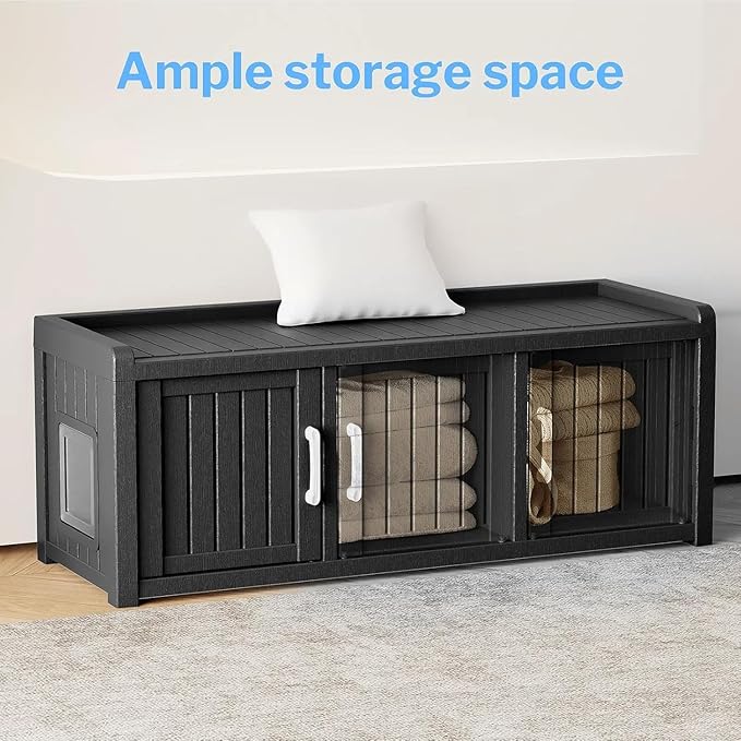 3 Doors Shoe Storage Bench, Waterproof Entryway Bench with Seat for Indoor Outdoor, End of Bed Footrest Stool for Bedroom, Hallway, Black