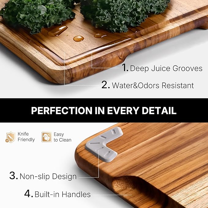 Teak Wood Cutting Board 17inch Wooden Chopping Board Non Slip Bamboo High-end Present Charcuterie Board Non Toxic Haus Over-Sink Christmas Xmas Birthday