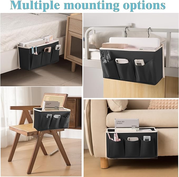 Bedside Caddy/Bedside Storage Organizer Hanging Bag with Three Options,Suitable for home beds, sofas, and dormitory beds—can hold magazines, books, phones, iPads, remote controls. (2-Pack Black)