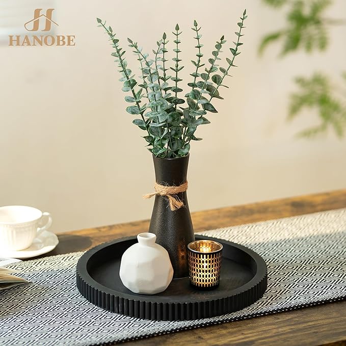 Hanobe Decorative Tray for Coffee Table: 12" Black Round Centerpiece Tray for Home Decor - Wood Modern Farmhouse Decor for Living Dining Room Kitchen Island Tabletop