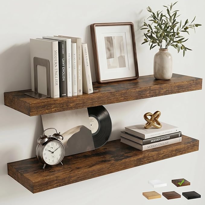 Venusmiles Floating Shelves for Wall, 24 Inch Floating Shelves Set of 2, 6.5" D Wooden Wall Mounted Display Shelves with Invisible Brackets for Living Room, Bedroom, Bathroom, Kitchen Decor, Brown