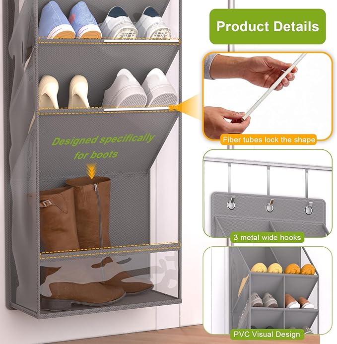 Door Shoe Organizer, Over The Door Hanging Shoe Rack with Large Pockets, Space Saving Shoe Storage for Closet, Entryway, Bedroom, Shoe Holder for Men Women Kids (Grey)