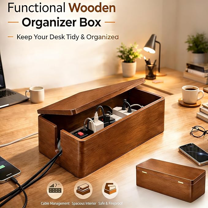 Real Wood Cable Management Box - Minimalist Home Office Decor - Walnut Finish Cord Organizer to Hide Wires & Power Strips - Spring Cleaning Essential for Desk & TV Stand - Safe for Pets & Kids