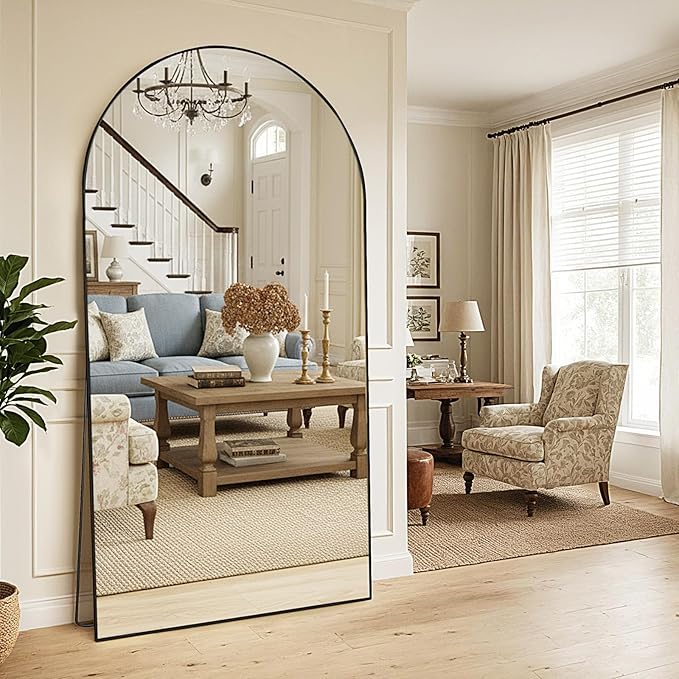 MISSDAY Large Arched Full Length Mirror, 83"x44" Oversized Full Body Mirror with Stand, Floor Mirror Long Free Standing, Leaning or Hanging, Frame Wall-Mounted Mirrors Wall Mirrors for Bedroom, Black