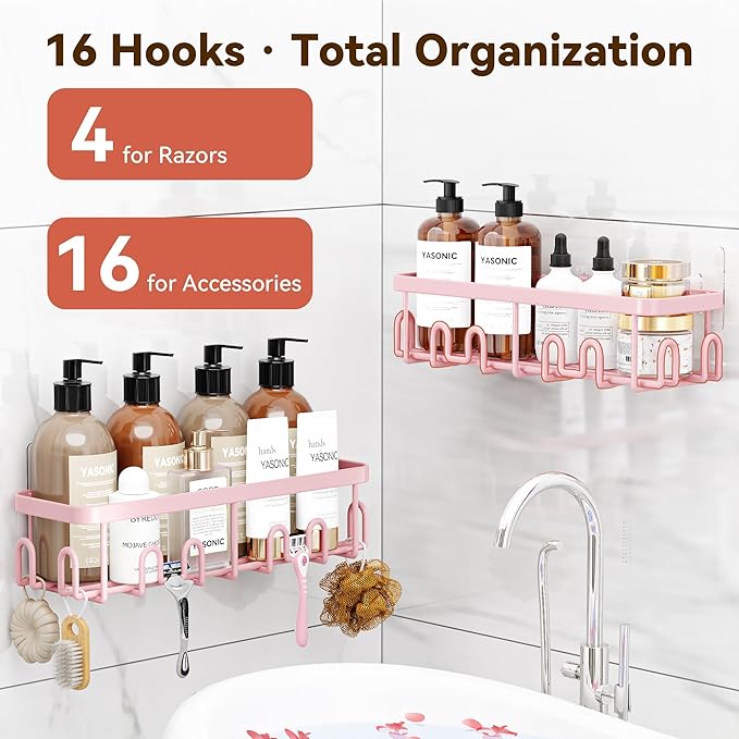 YASONIC Shower Caddy Adhesive 2-Pack, Rustproof Shower Organizer with Holder, No-Drill Shower Shelves for Inside the Shower, Large-Capacity Bathroom Organizers and Storage for Dorms & Renters, Pink