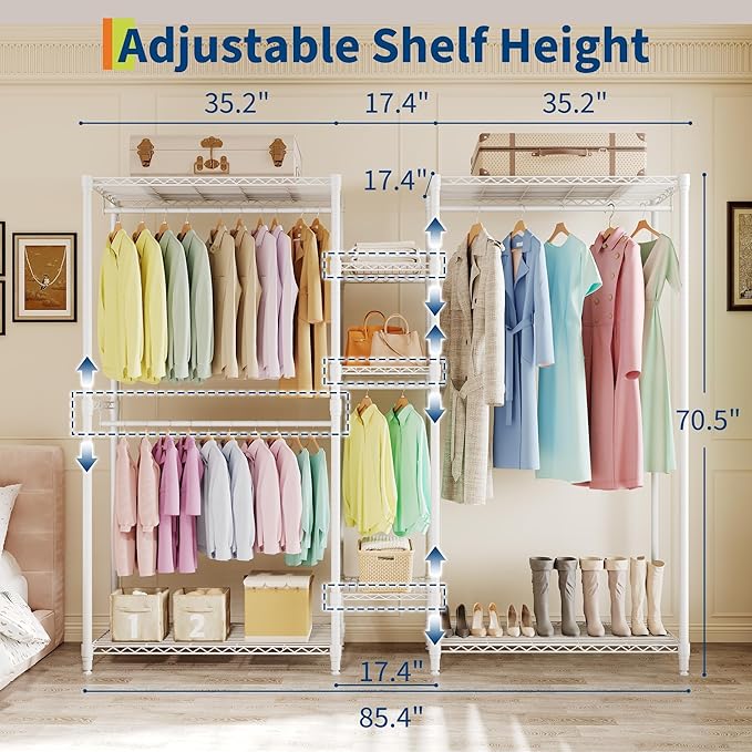 Heavy Duty Clothes Rack, Freestanding Garment Rack with 4 Hanging Rods and 7 Storage Shelves, Adjustable Closet Organizer System, Portable Wardrobe Closet for Hanging Clothes, 70.5"h X85.4"l x 17.4"w